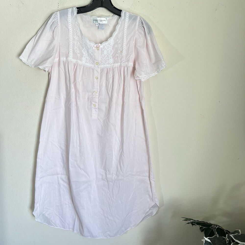 VTG Miss Elaine Women's Mid-Length Nightgown Short Sleeve Lace Baby Pink Size M